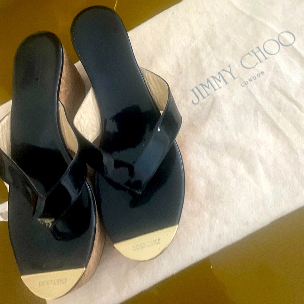 Jimmy Choo patent leather black thong slip-on cork wedge sandal